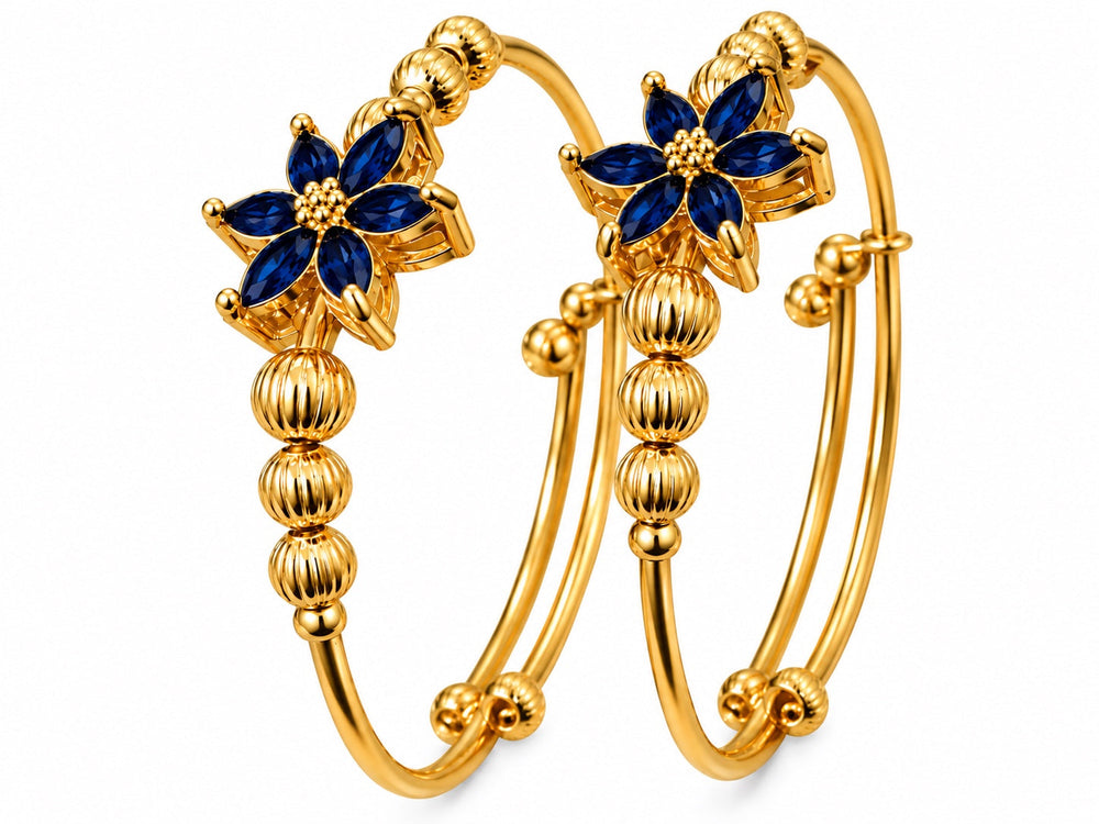 Gold-plated floral bracelet with blue stones – front view — angle 1 of 1