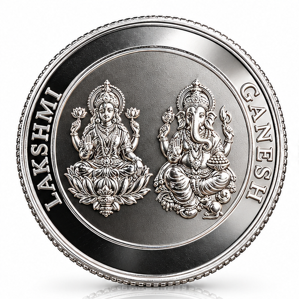JKP Jewellers 5g silver coin - Lakshmi Ganesh side detail — angle 2 of 6
