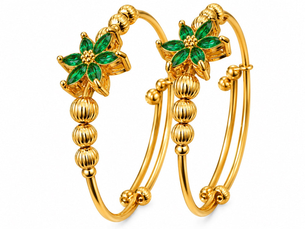 Gold-plated floral bracelet with green stones – front view — angle 1 of 1